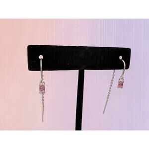 Sterling Silver S925 Threader Earrings Pink Rectangular CZ Fashion Jewelry